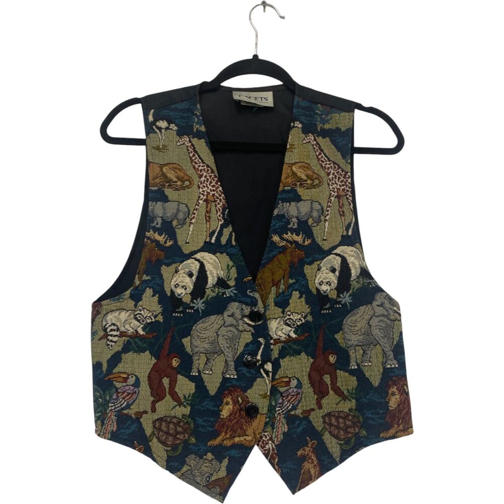 Facets by Mirrors Vest Mens M Vintage 90s Tapestry Sleeveless Button Up Jungle